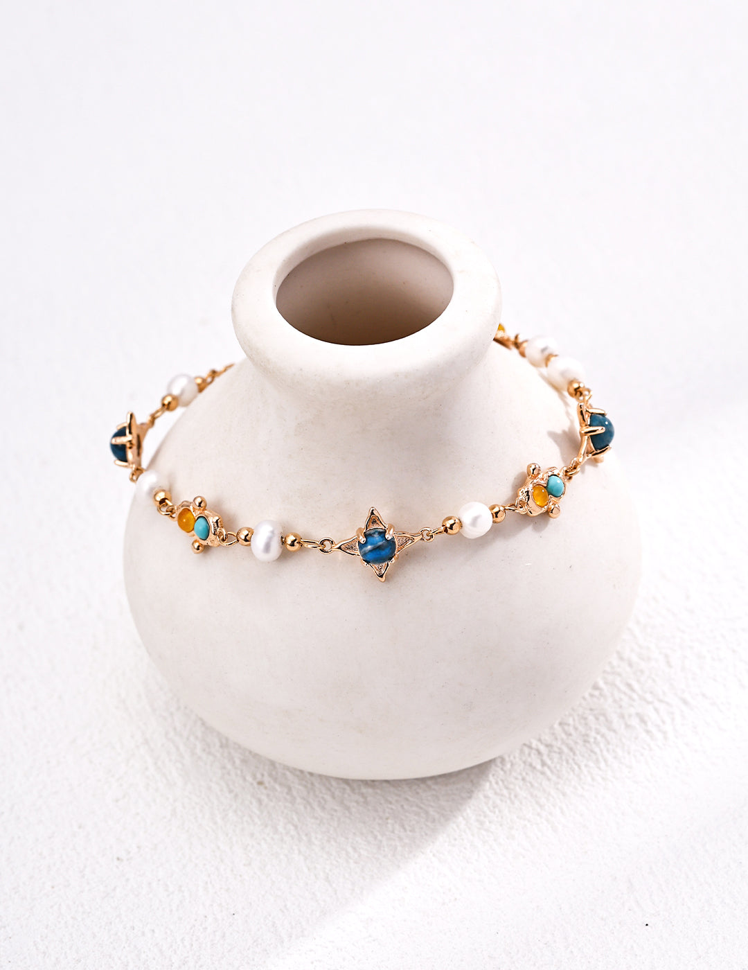 Vintage Natural Pearl, Turquoise & Chalcedony S925 Silver Bracelet