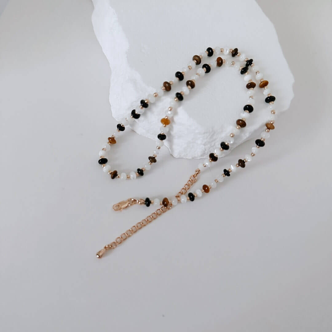 Vintage Gold Tiger’s Eye with Shell Necklace and Bracelet in 925 Sterling Silver