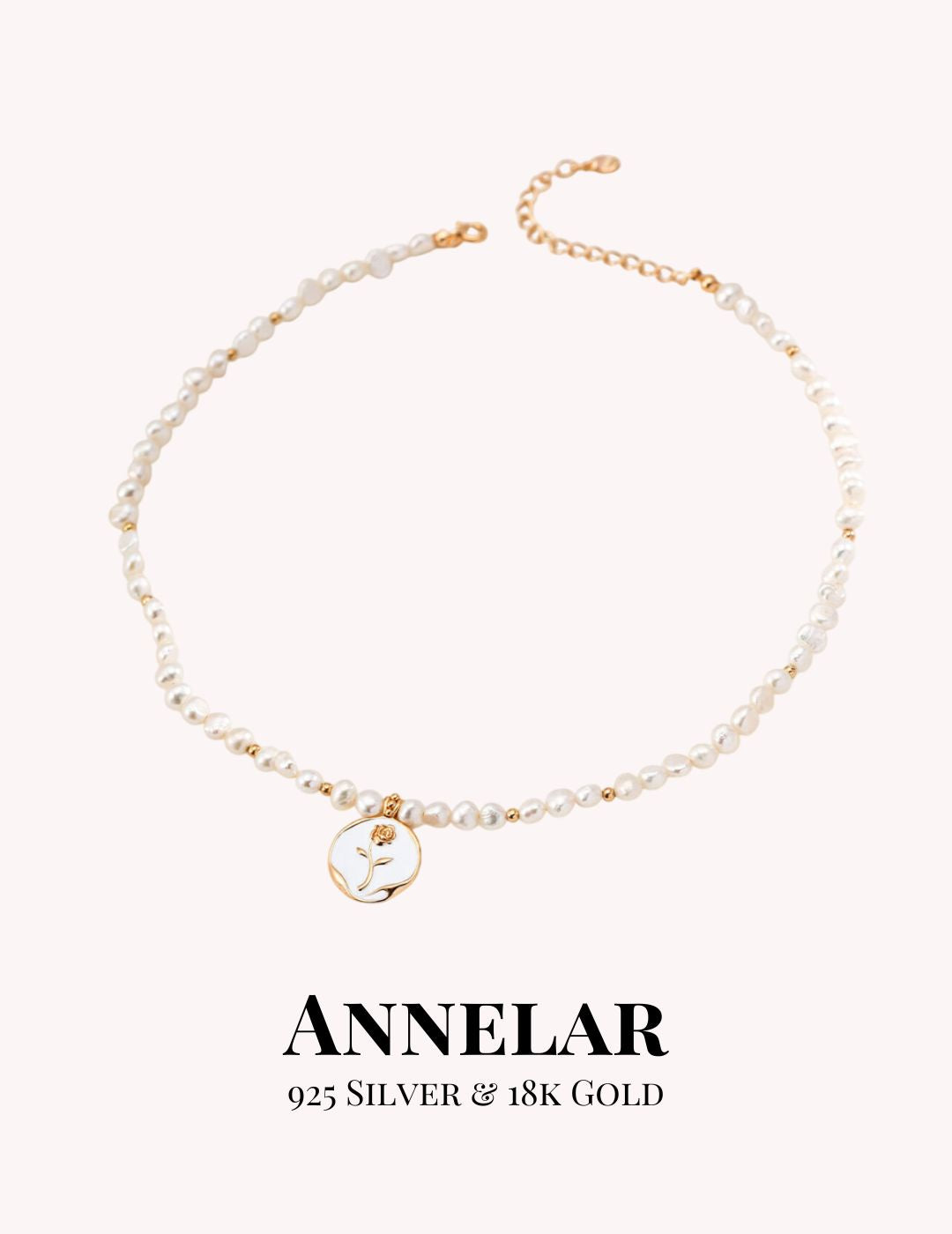 Collar de plata de ley 925 con rosa esmaltada con perlas naturales