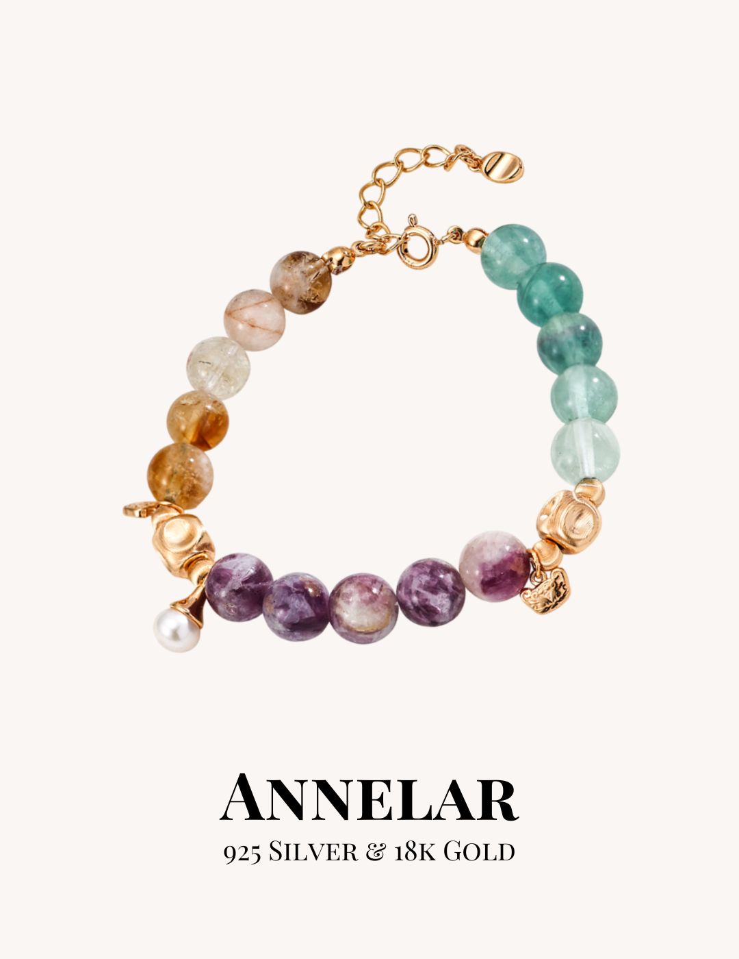 Lepidolite, Pearl, Yellow Apatite, and Green Fluorite Bracelet