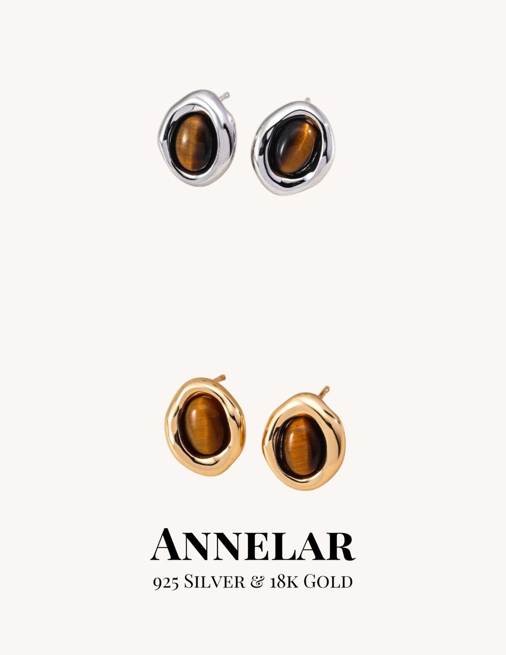 Boucles d'oreilles puces en œil de tigre naturel et argent S925