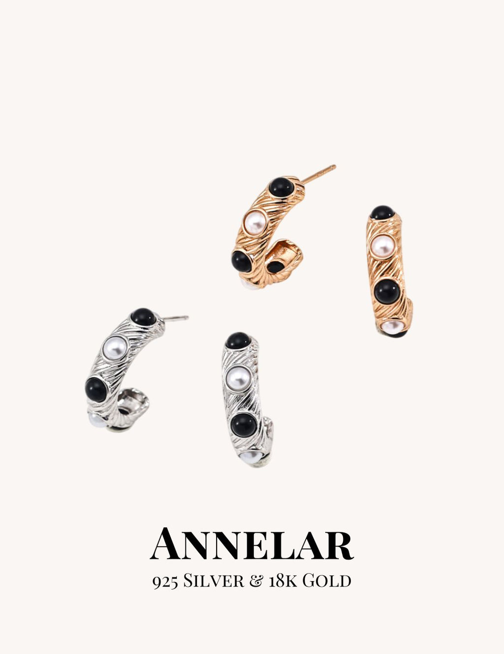 Boucles d'oreilles puces vintage en perles naturelles et onyx noir, argent sterling S925