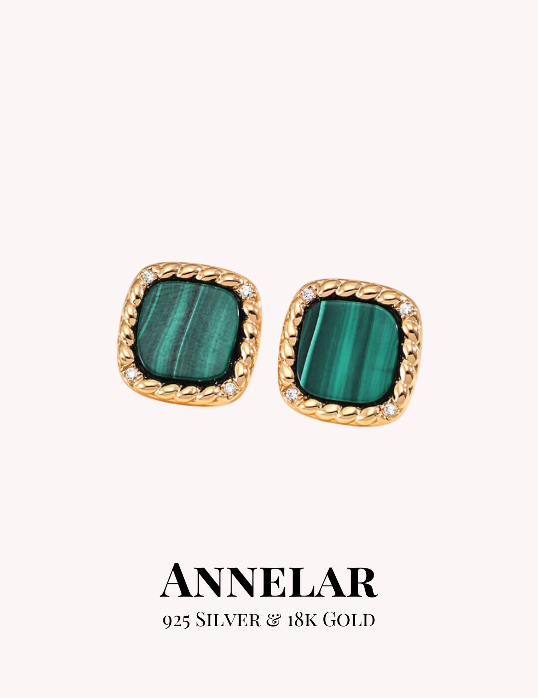 Ensemble en argent S925 avec zircon et malachite (collier + boucles d'oreilles)