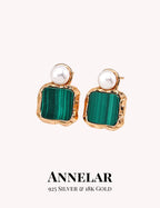 Pendientes colgantes de plata S925 con perla natural y malaquita