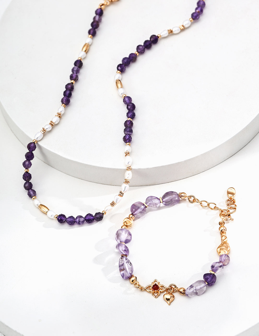 Close-up of the natural amethyst bead, known for mental clarity and inner peace.