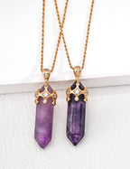 Front view of the gold amethyst and zircon crown pendant necklace.