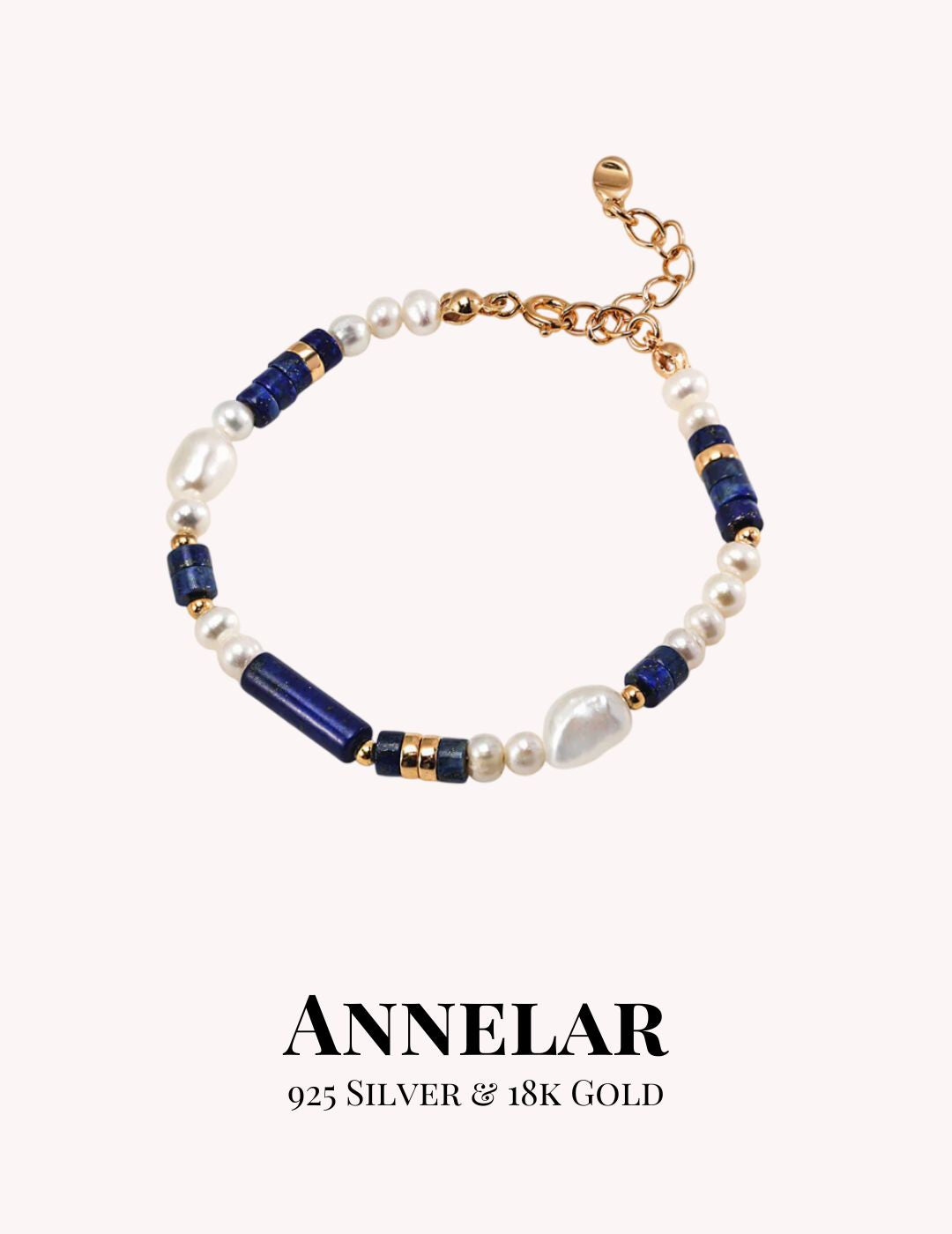 Bracelet with blue beads and pearls on a white background, featuring the brand 'Annelar'.