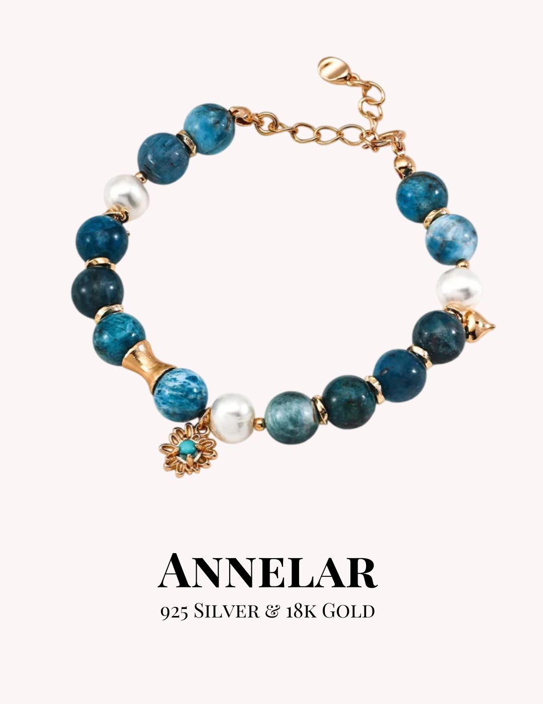 Bracelet with blue beads and gold accents on a white background, featuring the brand 'ANNELAR'.