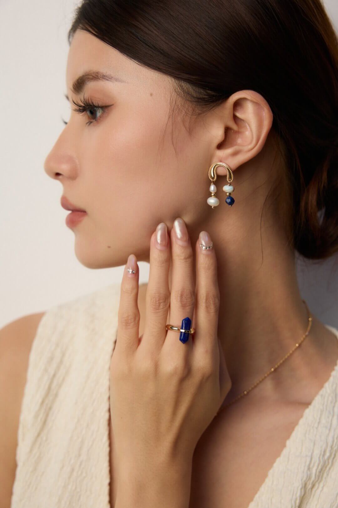 Lapis Lazuli and Shoushan Stone earrings paired with bohemian fashion, perfect for those who appreciate unique style.