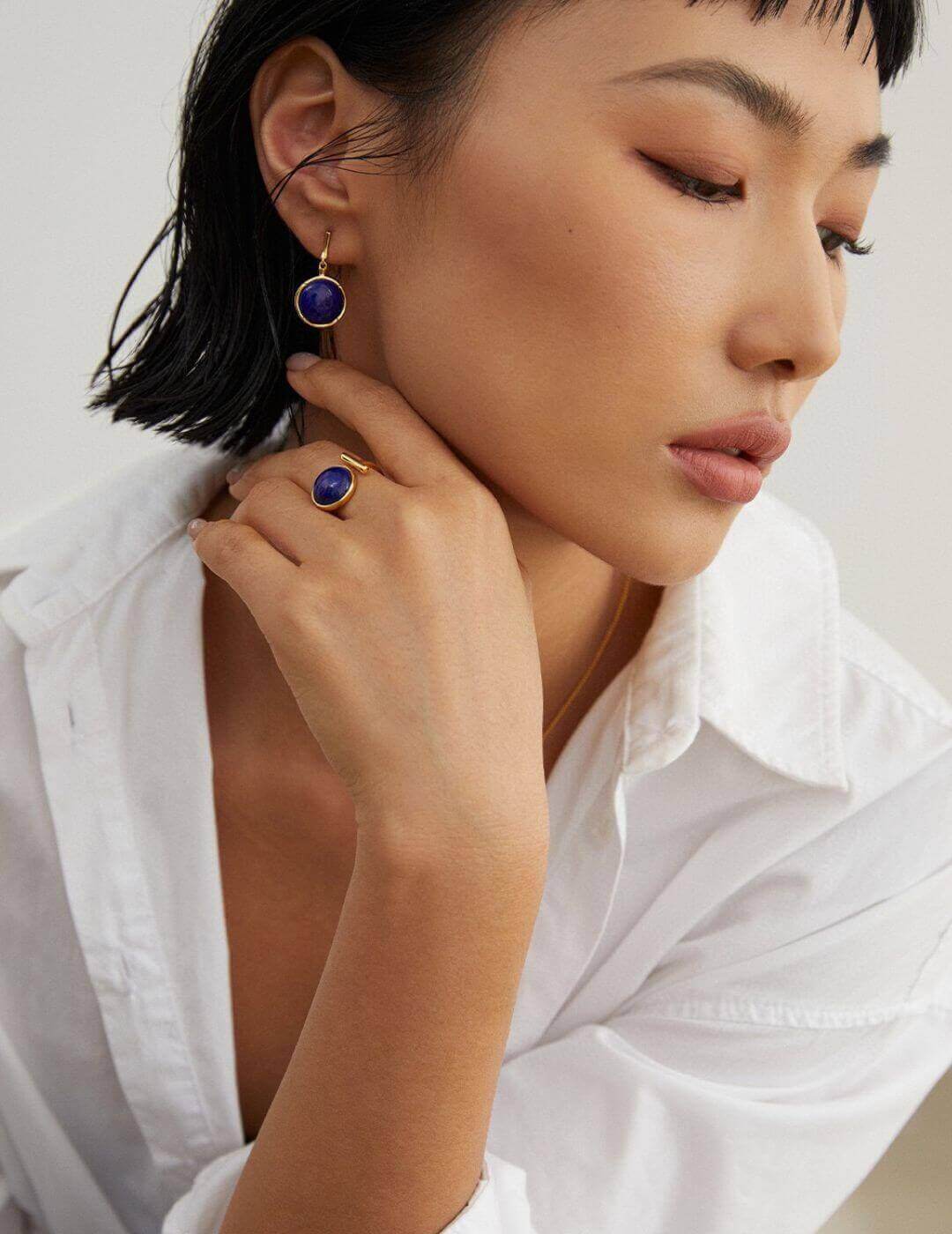 Lapis Lazuli earrings adding touch of timeless luxury to casual everyday outfits and weekend wear.