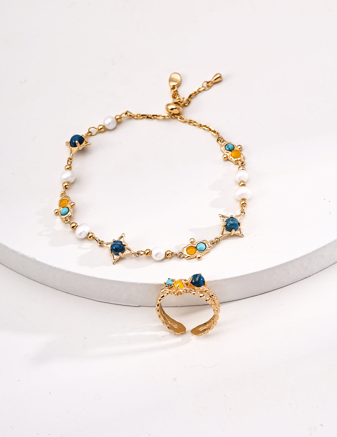 Vintage Natural Pearl, Turquoise & Chalcedony S925 Silver Bracelet