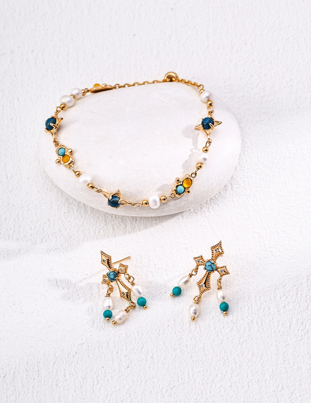 Vintage Natural Pearl, Turquoise & Chalcedony S925 Silver Bracelet
