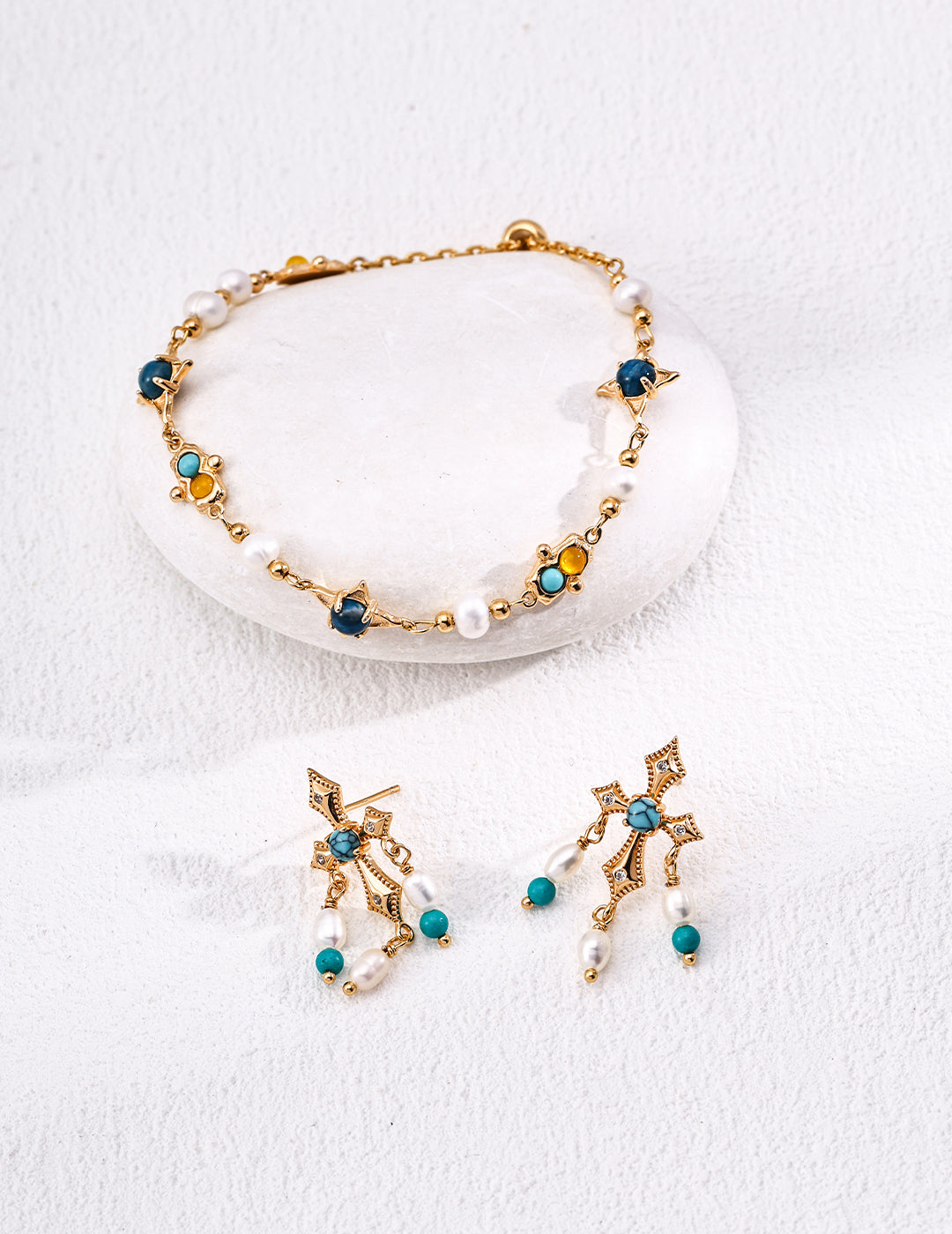 Vintage Natural Pearl, Turquoise & Chalcedony S925 Silver Bracelet