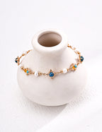 Vintage Natural Pearl, Turquoise & Chalcedony S925 Silver Bracelet
