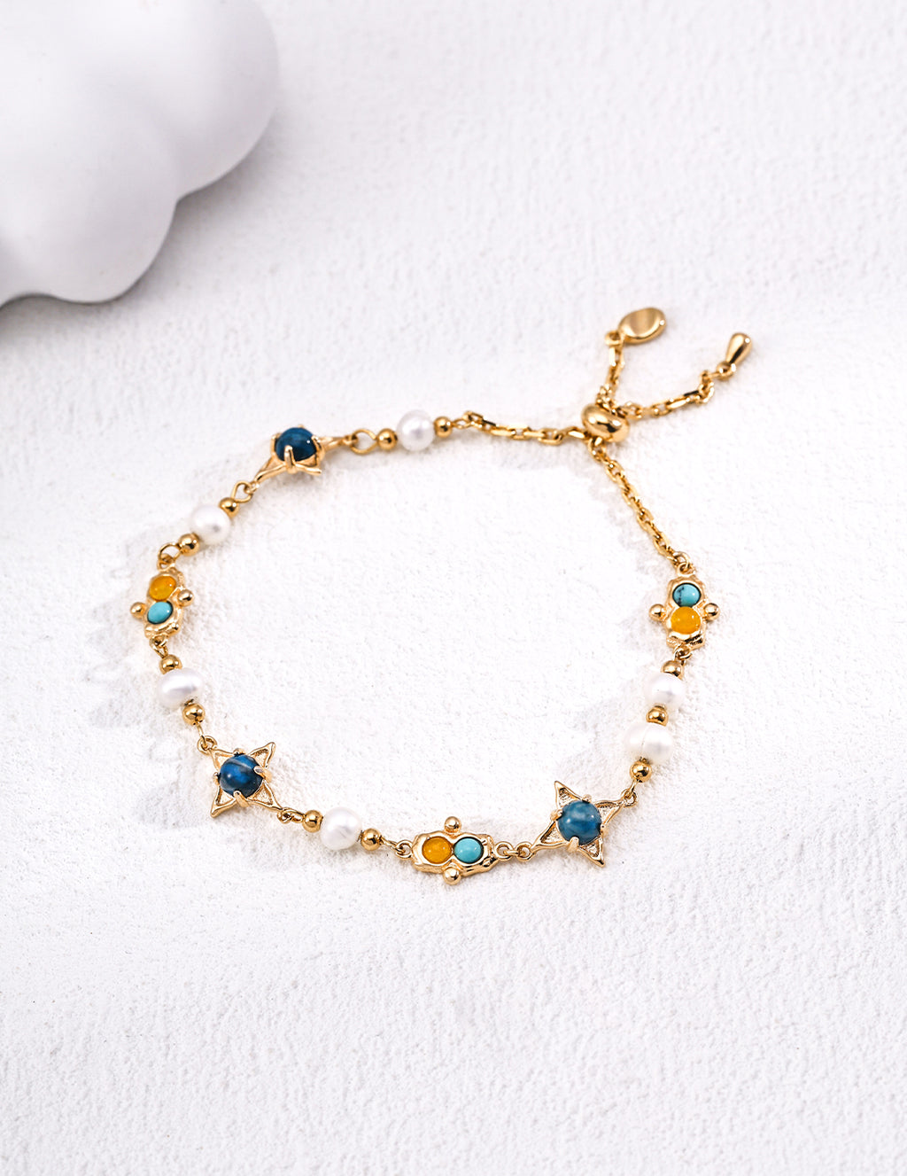 Vintage Natural Pearl, Turquoise & Chalcedony S925 Silver Bracelet