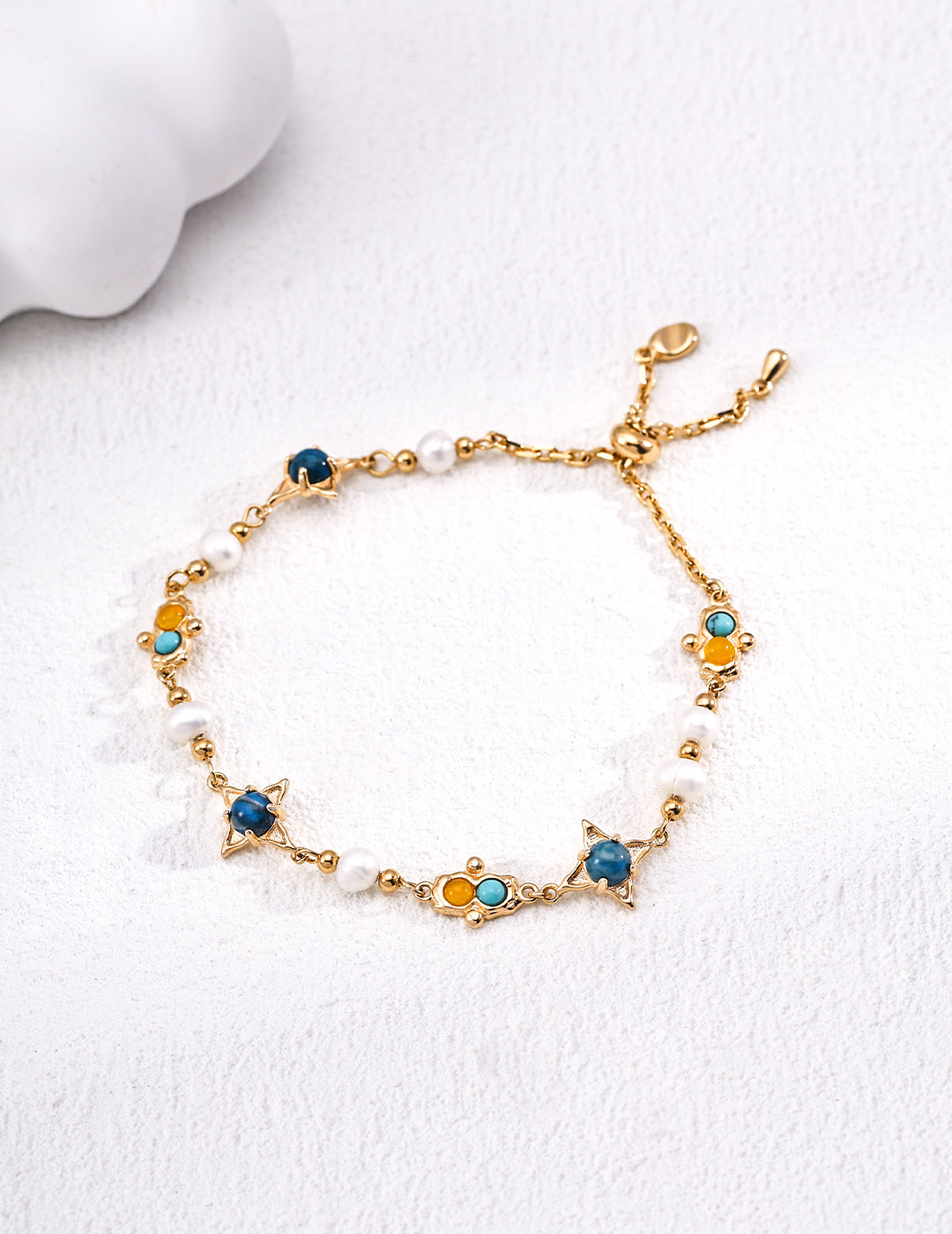 Vintage Natural Pearl, Turquoise & Chalcedony S925 Silver Bracelet