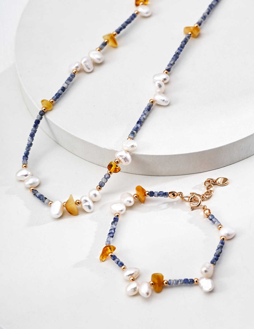 Natural Pearl & Blue Spot Jasper Beeswax 925 Silver Set