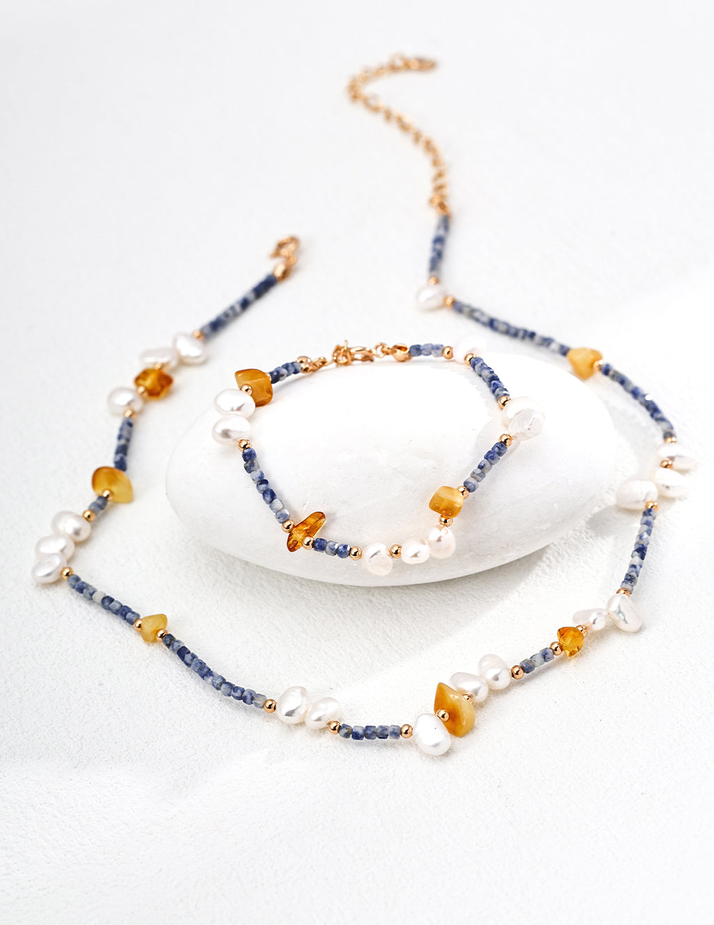 Natural Pearl & Blue Spot Jasper Beeswax 925 Silver Set