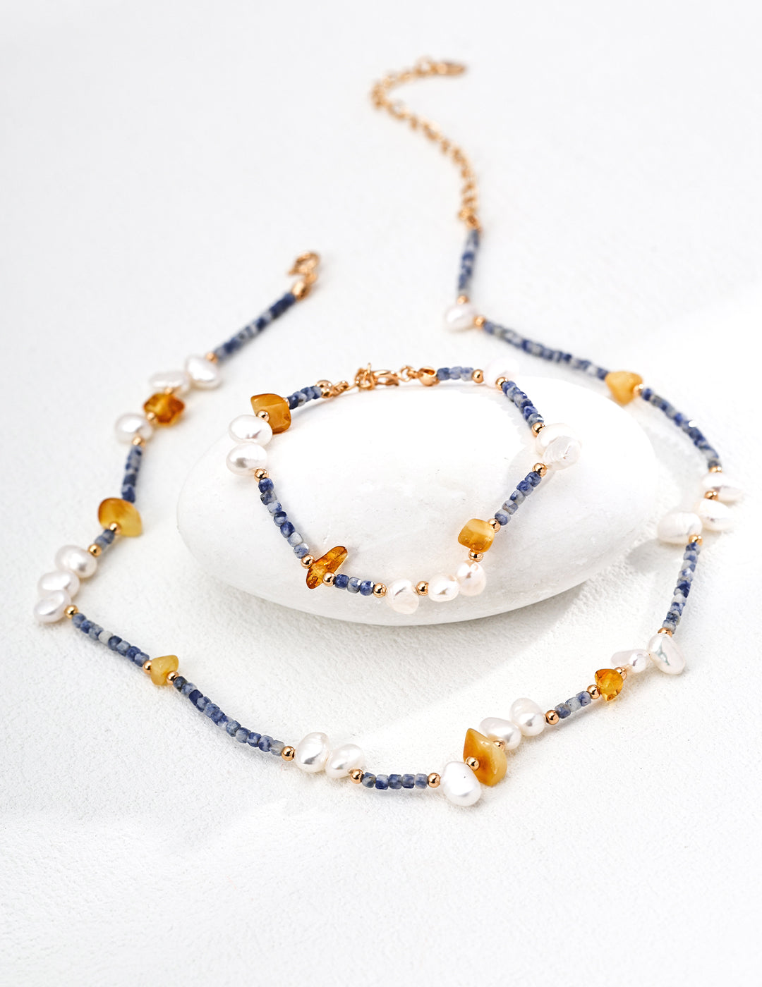 Natural Pearl & Blue Spot Jasper Beeswax 925 Silver Set