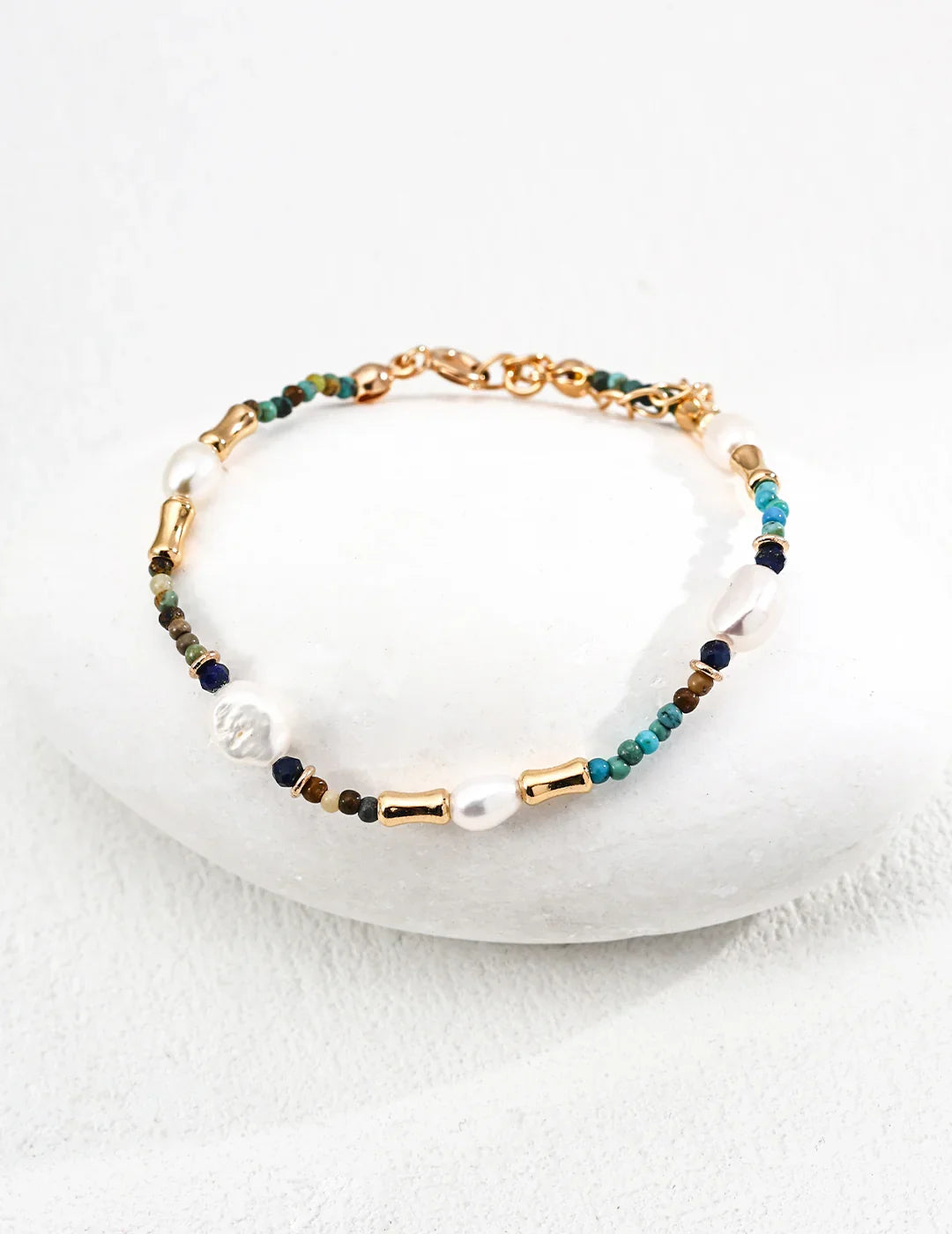 Natural Pearl & Azurite Turquoise S925 Sterling Silver Bracelet