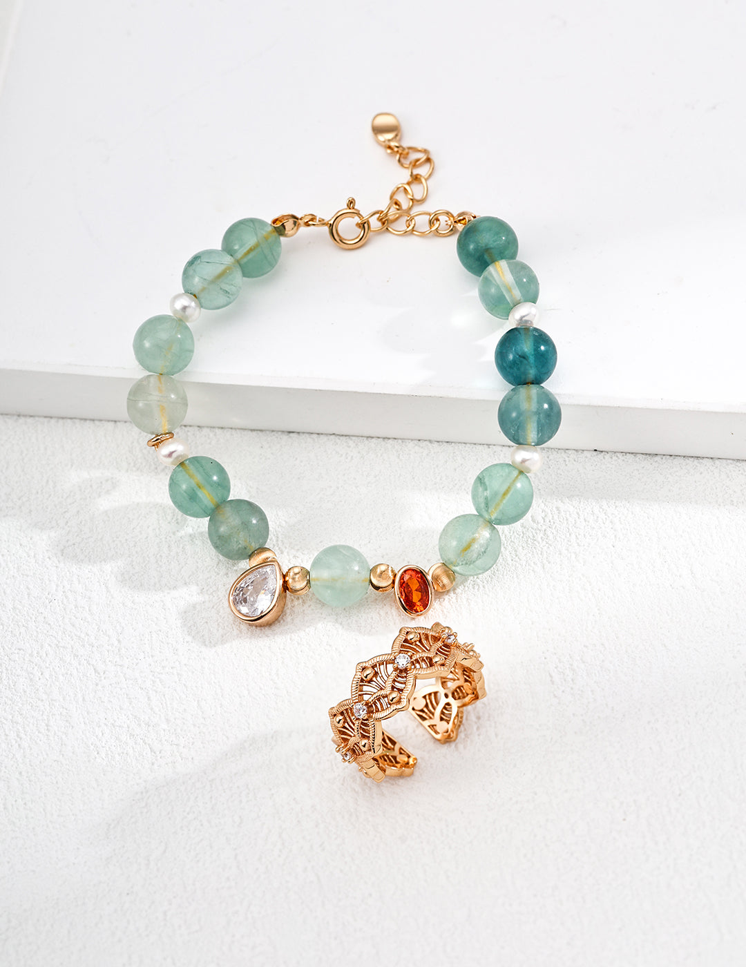 Natural Pearl, Green Fluorite & Zircon S925 Silver Bracelet