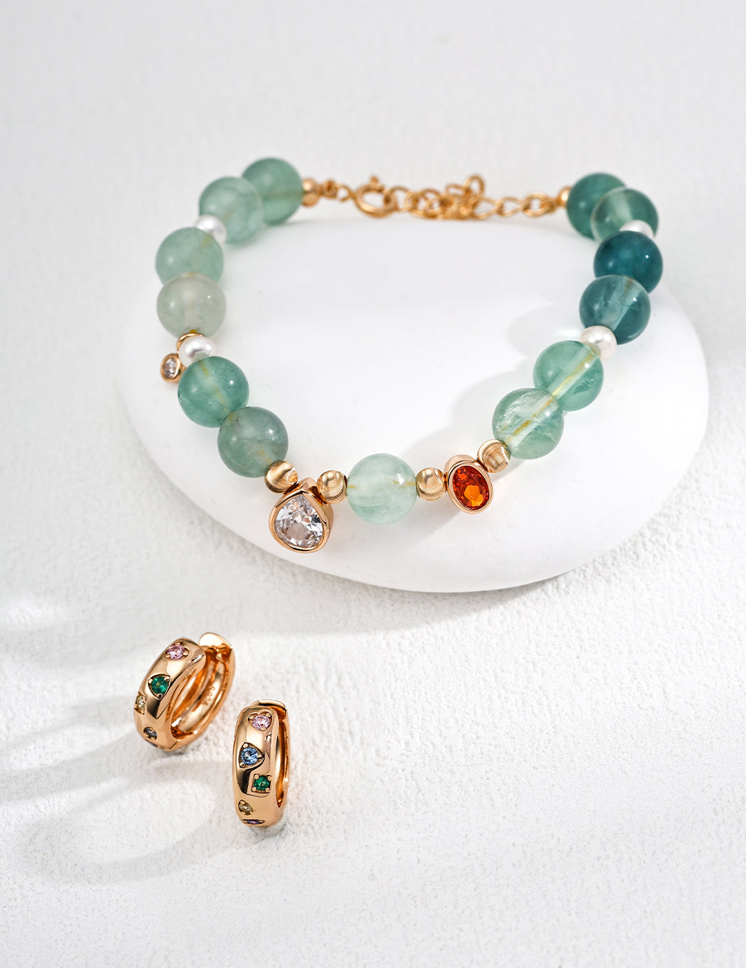 Natural Pearl, Green Fluorite & Zircon S925 Silver Bracelet