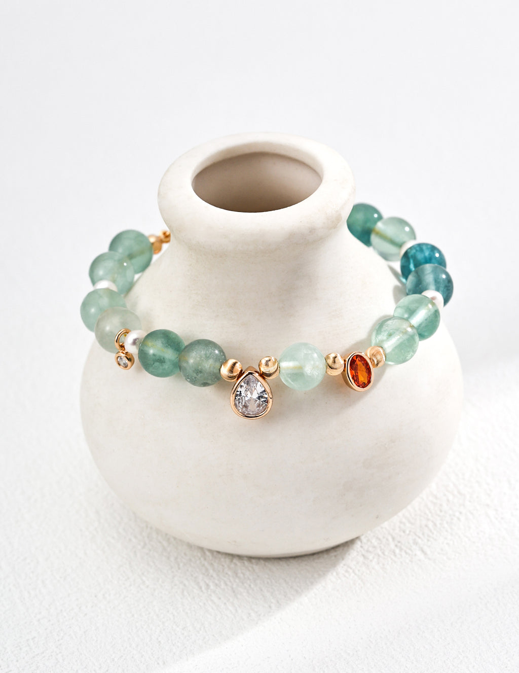 Natural Pearl, Green Fluorite & Zircon S925 Silver Bracelet
