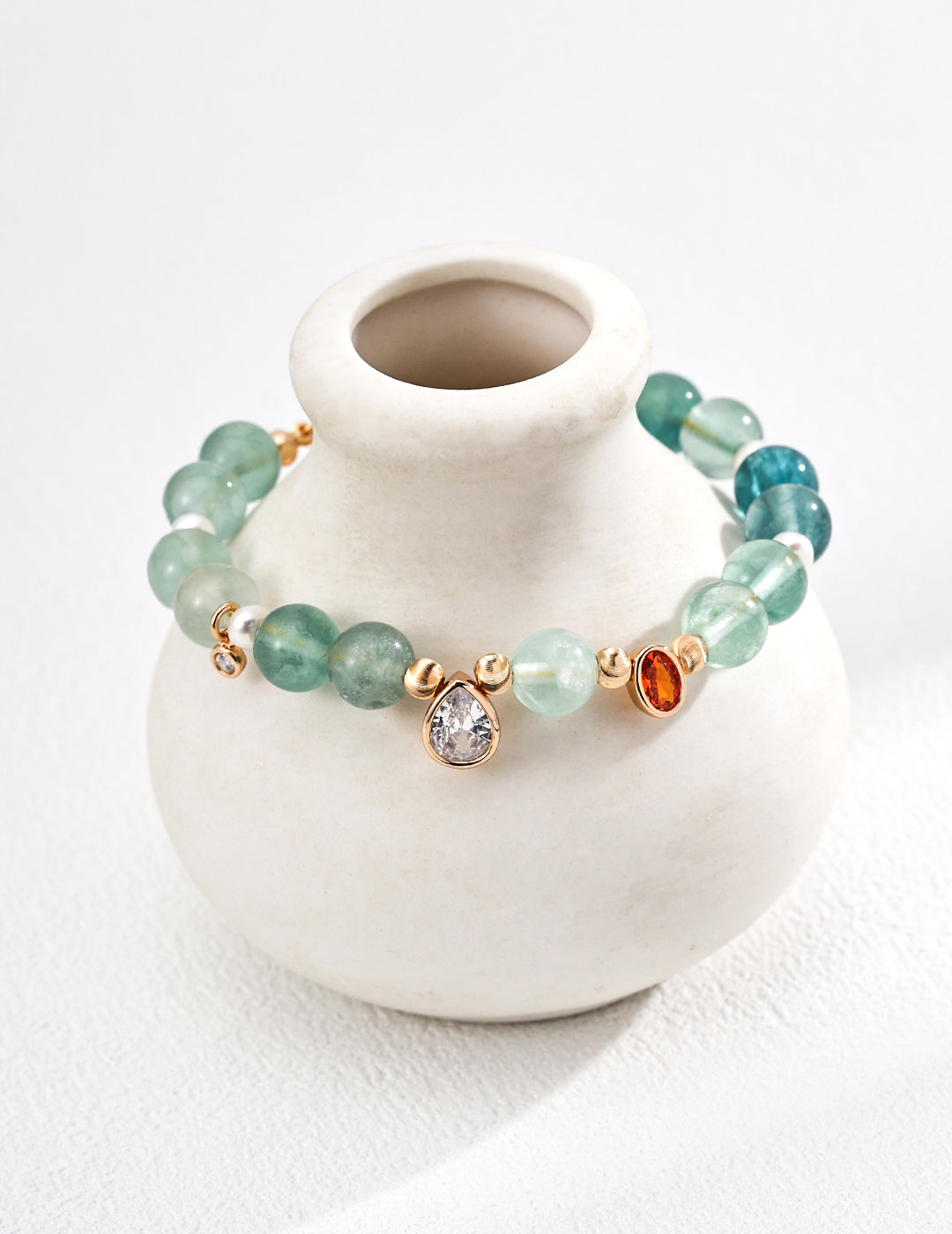 Natural Pearl, Green Fluorite & Zircon S925 Silver Bracelet