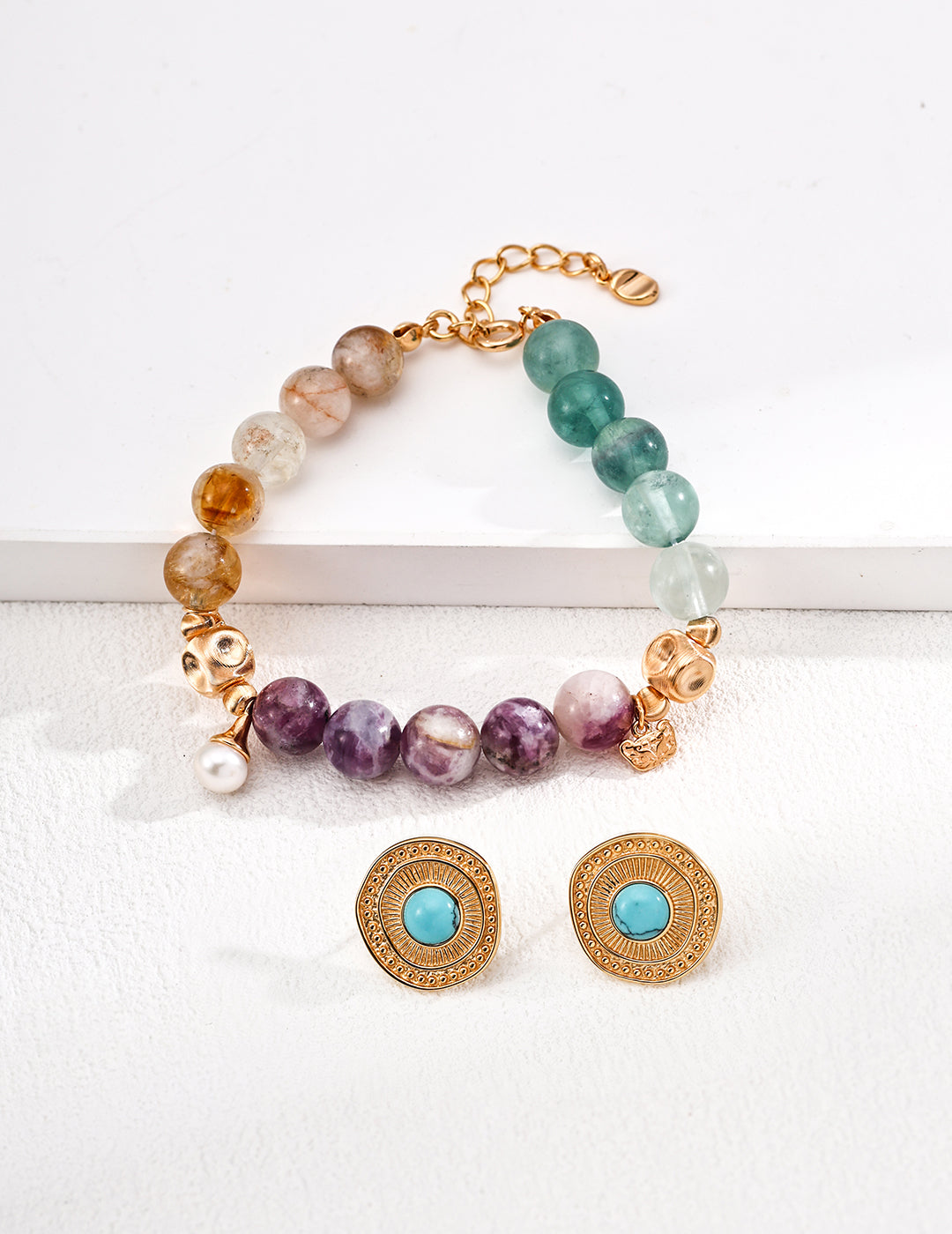 Lepidolite, Pearl, Yellow Apatite, and Green Fluorite Bracelet