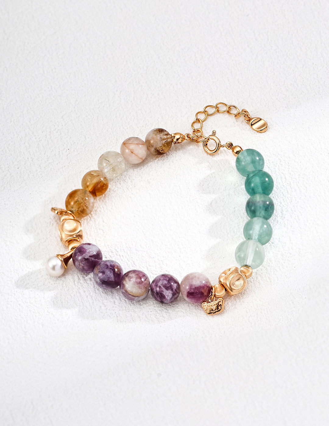 Lepidolite, Pearl, Yellow Apatite, and Green Fluorite Bracelet