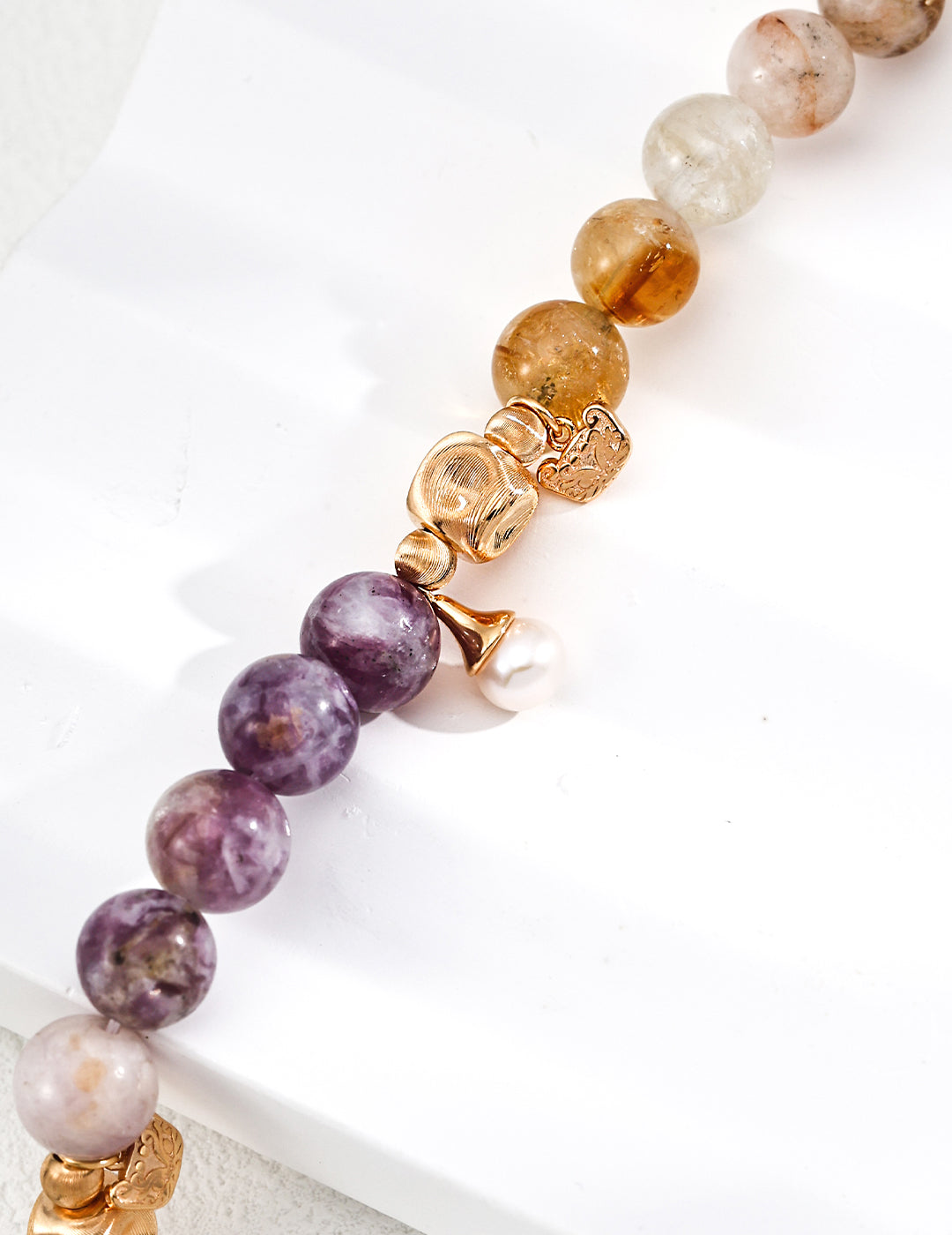 Lepidolite, Pearl, Yellow Apatite, and Green Fluorite Bracelet