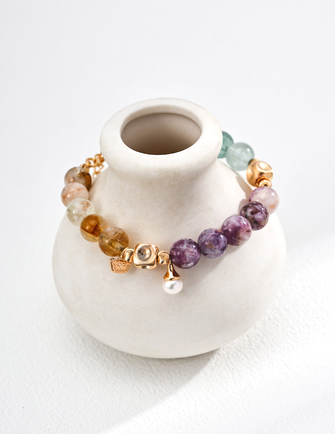 Lepidolite, Pearl, Yellow Apatite, and Green Fluorite Bracelet