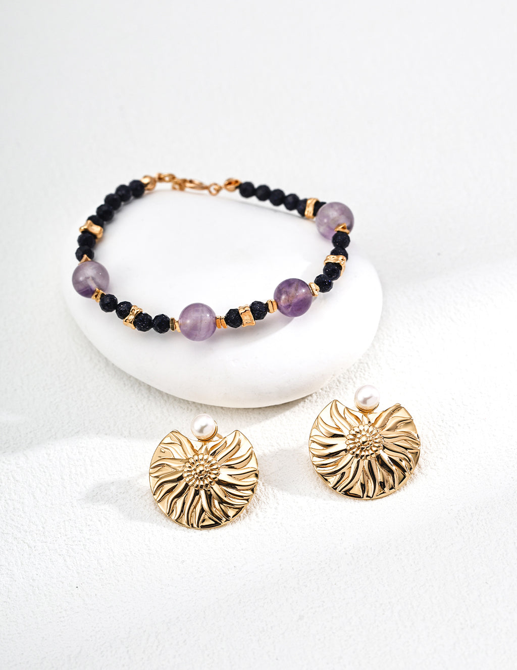 Natural Lavender Amethyst & Goldstone Bead Bracelet
