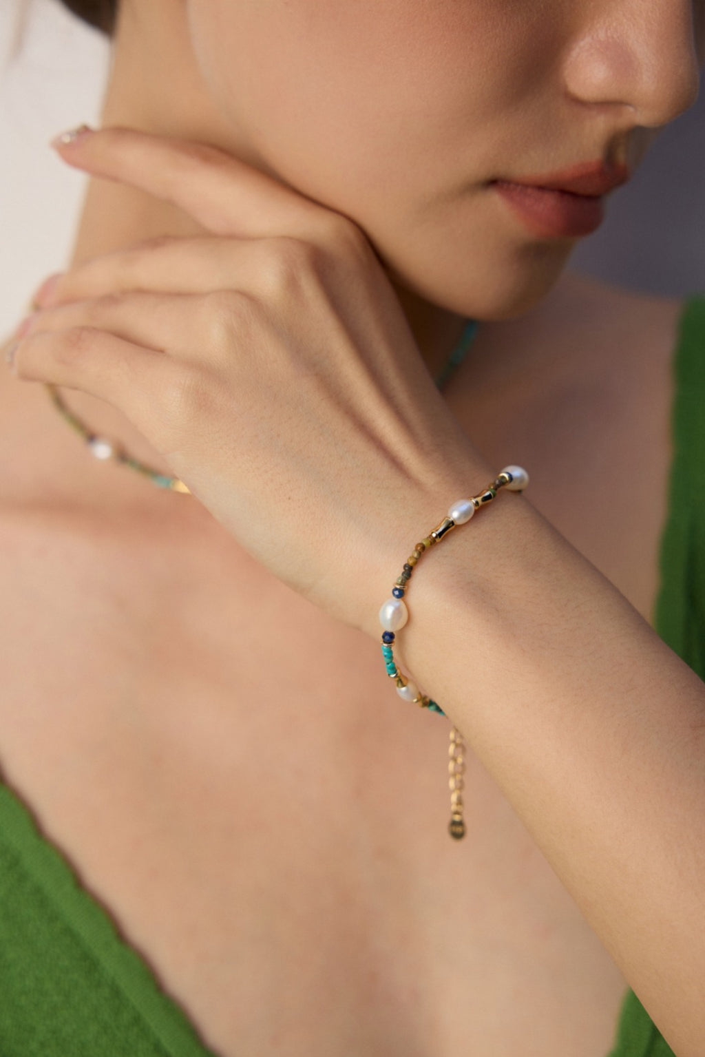 Natural Pearl, Lapis Lazuli & Turquoise Necklace & Bracelet