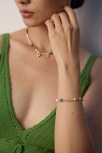 Vintage Natural Pearl, Turquoise & Chalcedony S925 Silver Bracelet