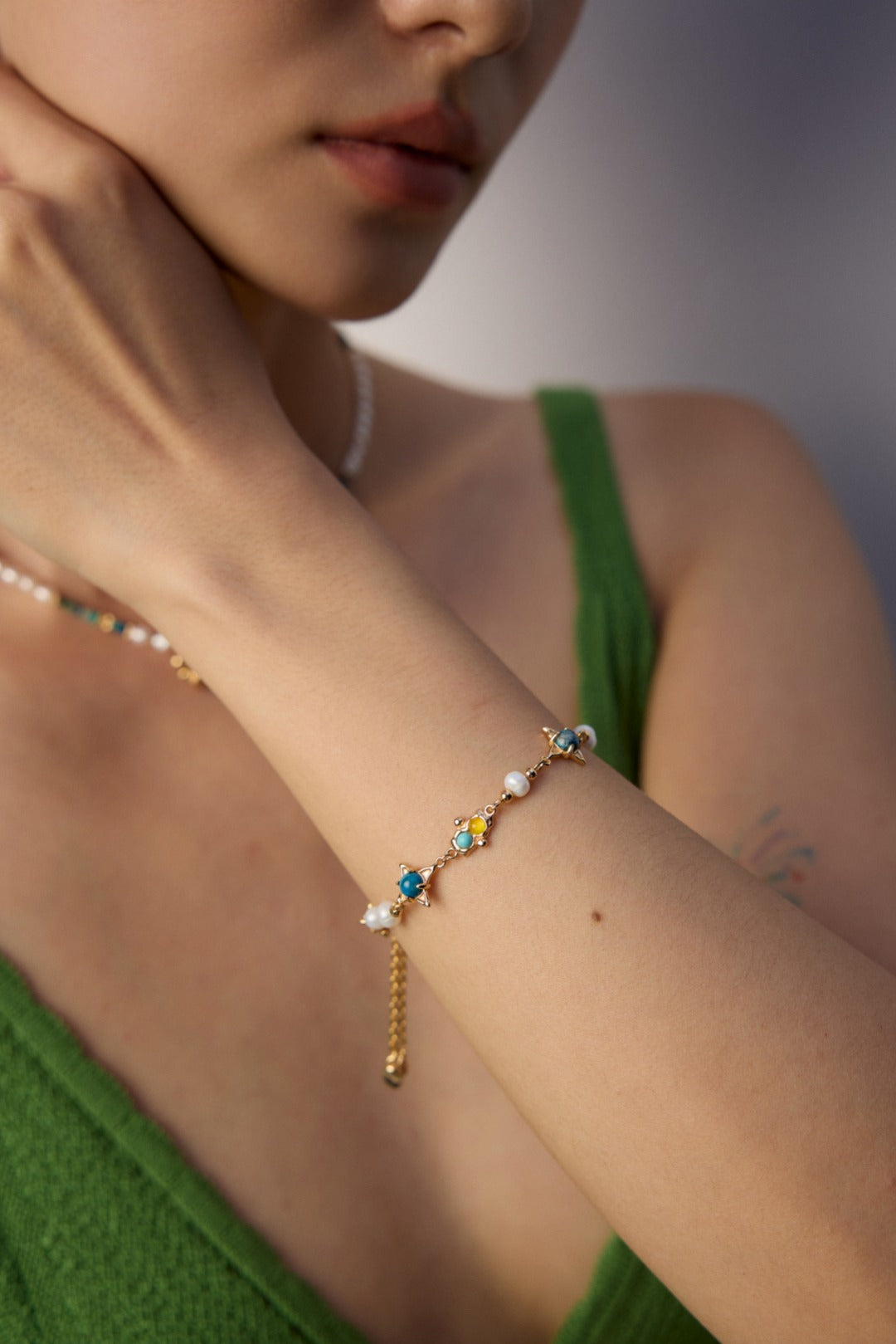 Vintage Natural Pearl, Turquoise & Chalcedony S925 Silver Bracelet