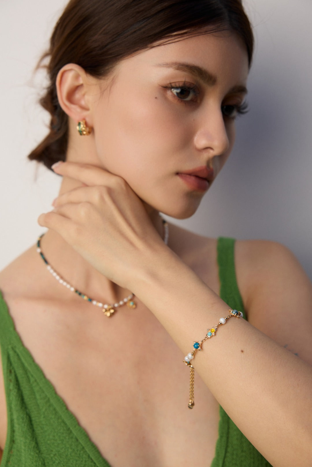 Vintage Natural Pearl, Turquoise & Chalcedony S925 Silver Bracelet