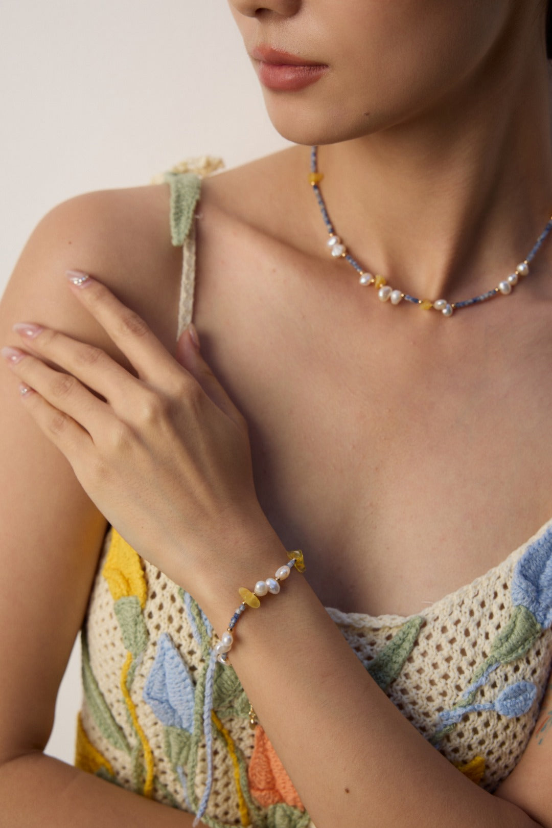 Natural Pearl & Blue Spot Jasper Beeswax 925 Silver Set