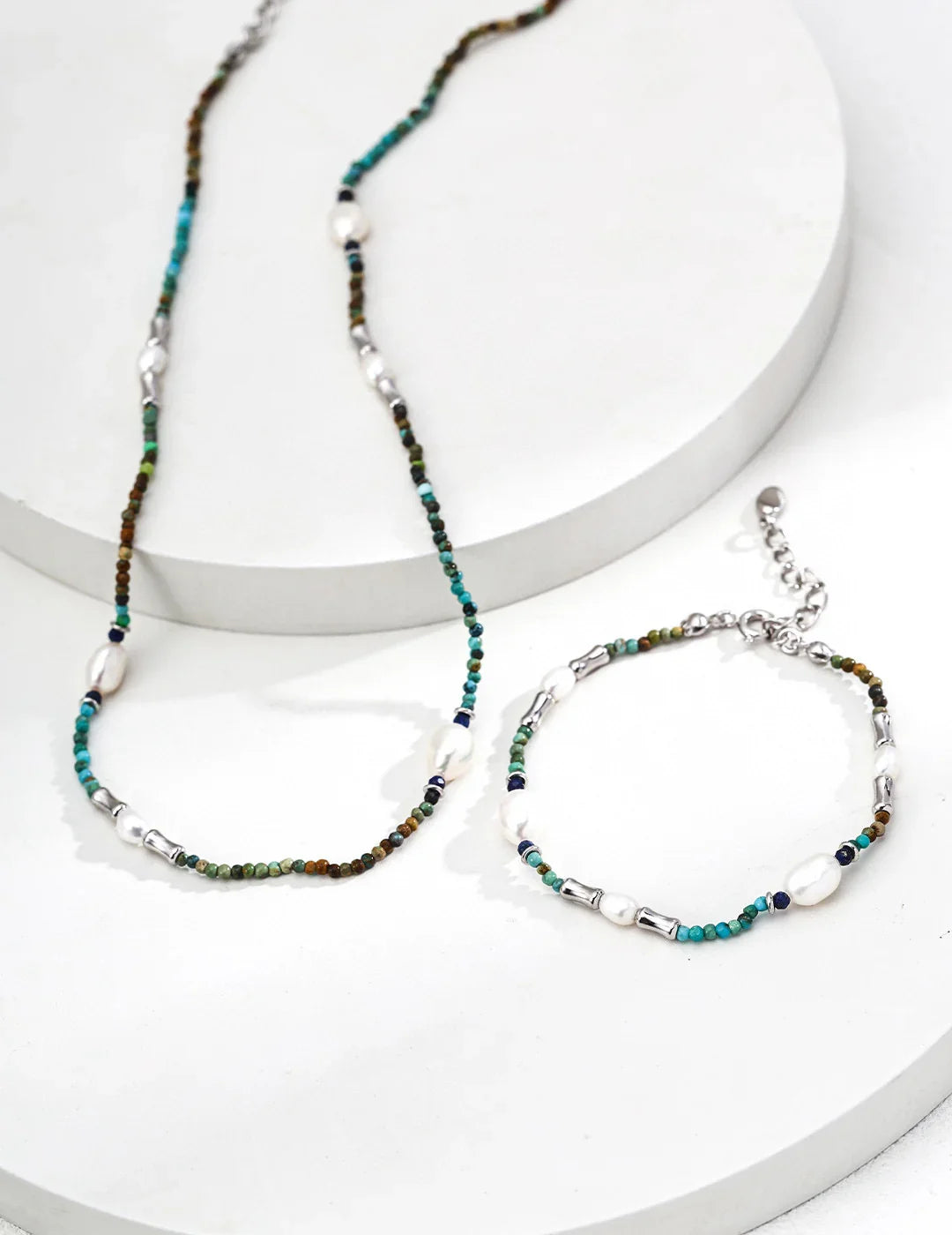 Natural Pearl & Azurite Turquoise S925 Sterling Silver Bracelet