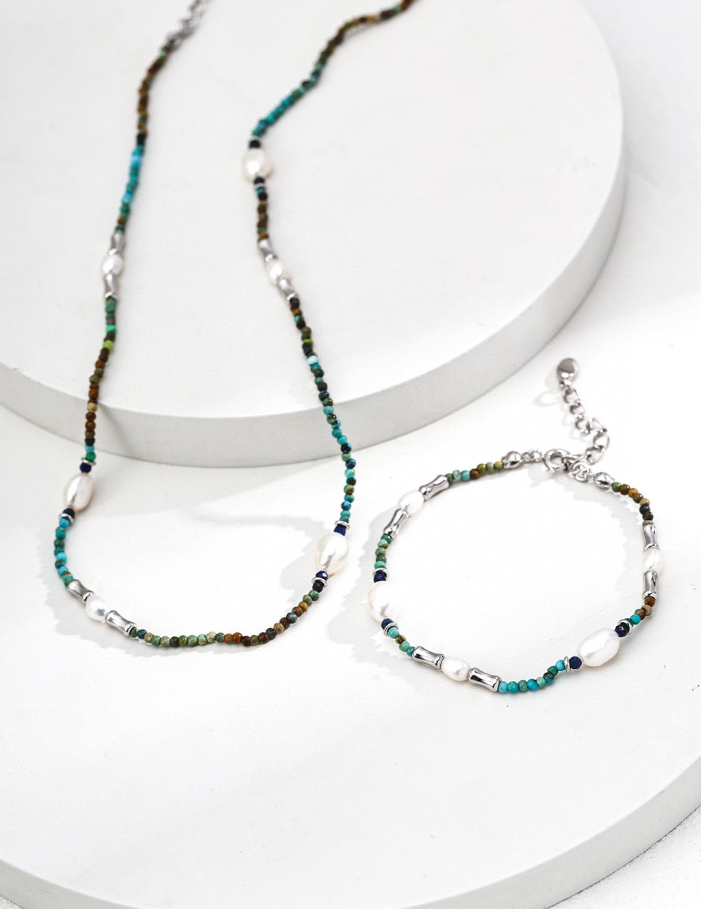 Natural Pearl, Lapis Lazuli & Turquoise Necklace & Bracelet