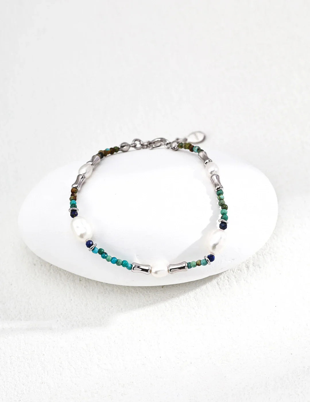 Natural Pearl & Azurite Turquoise S925 Sterling Silver Bracelet