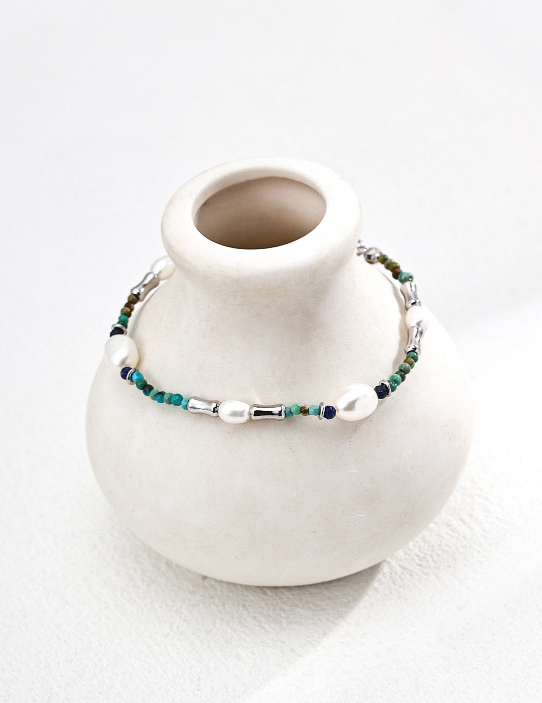 Natural Pearl & Azurite Turquoise S925 Sterling Silver Bracelet