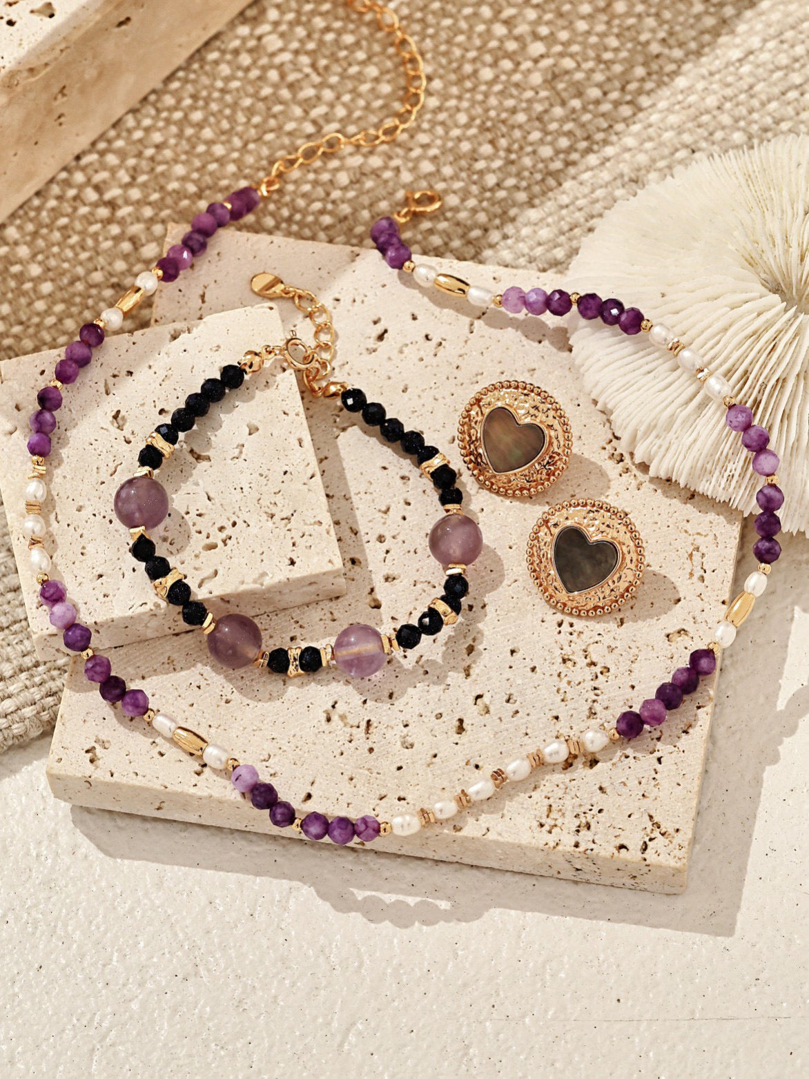 Natural Lavender Amethyst & Goldstone Bead Bracelet