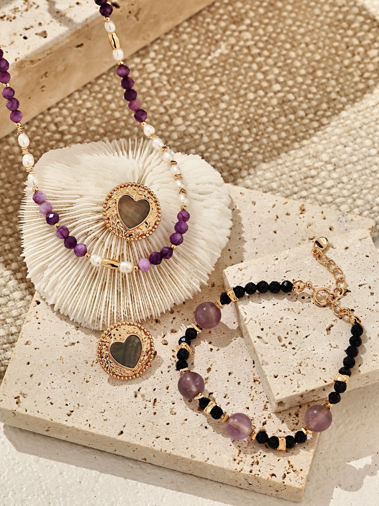 Natural Lavender Amethyst & Goldstone Bead Bracelet