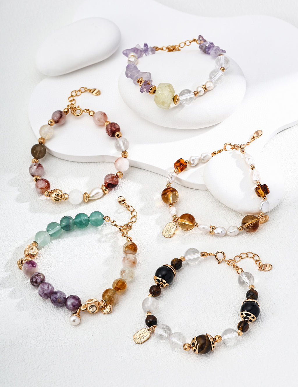 Lepidolite, Pearl, Yellow Apatite, and Green Fluorite Bracelet