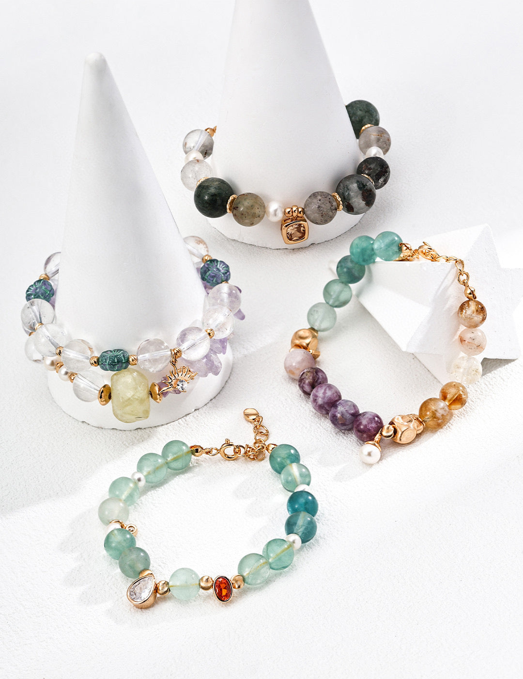 Lepidolite, Pearl, Yellow Apatite, and Green Fluorite Bracelet