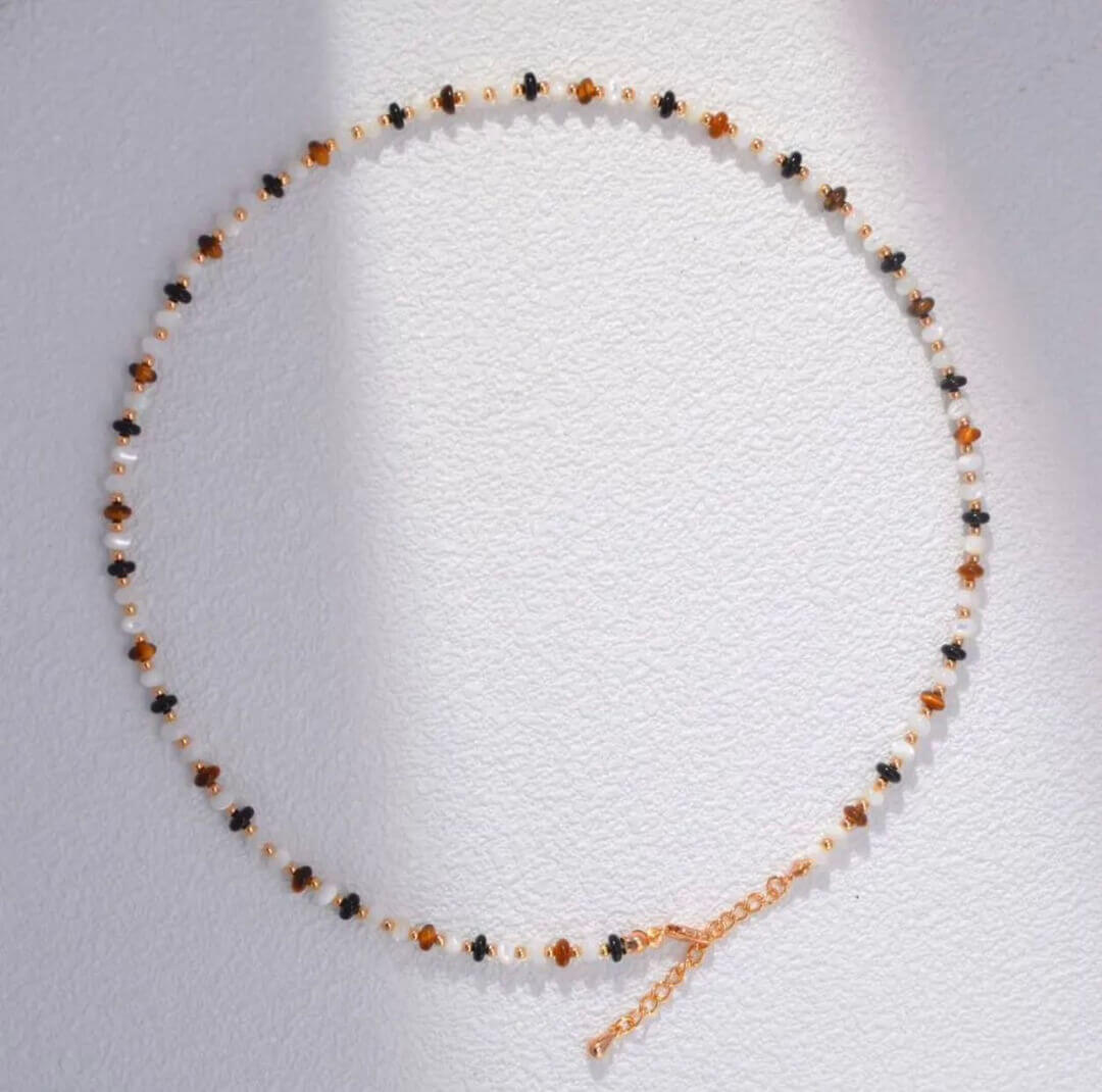 Vintage Gold Tiger’s Eye with Shell Necklace and Bracelet in 925 Sterling Silver