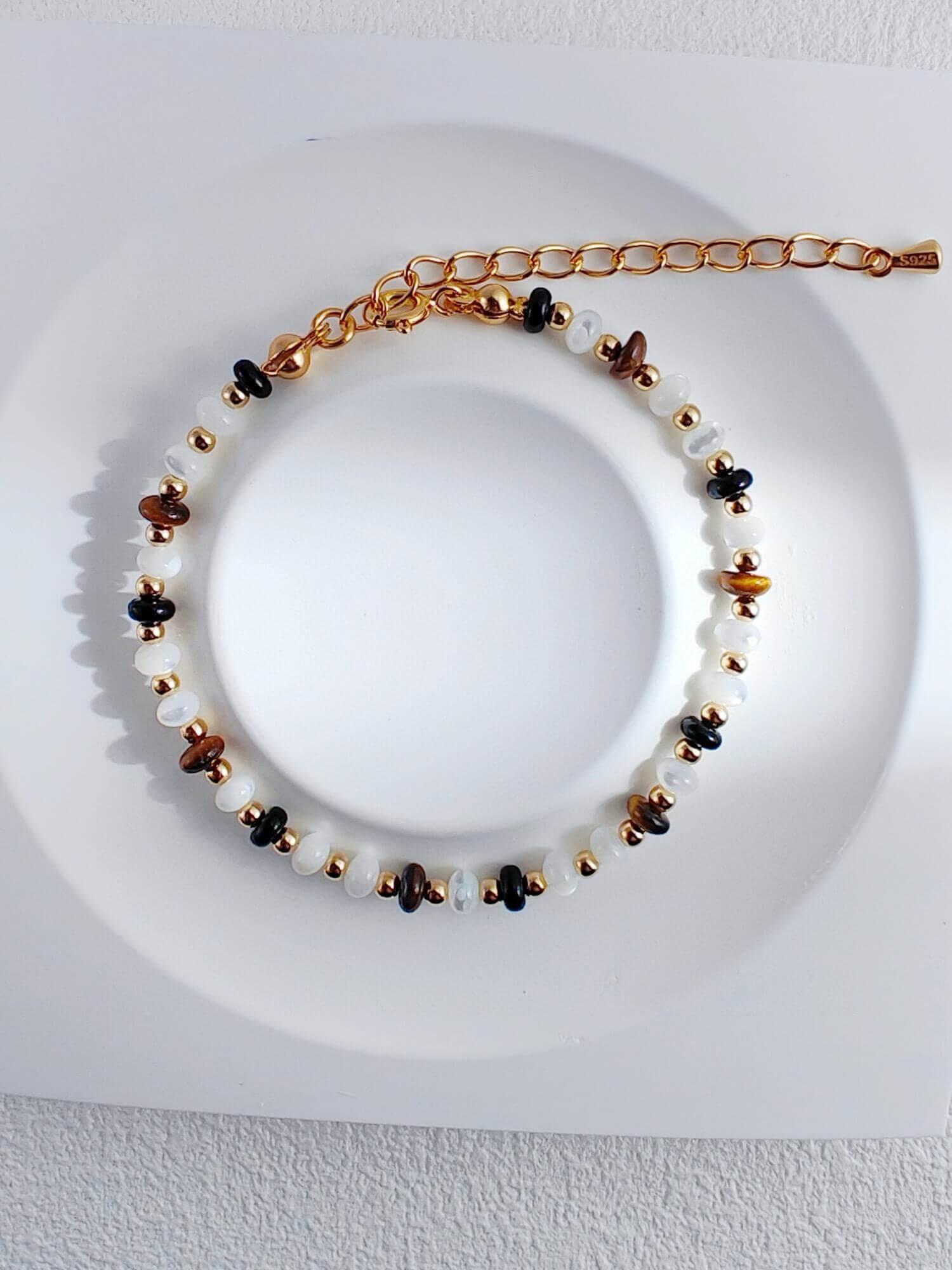 Vintage Gold Tiger’s Eye with Shell Necklace and Bracelet in 925 Sterling Silver