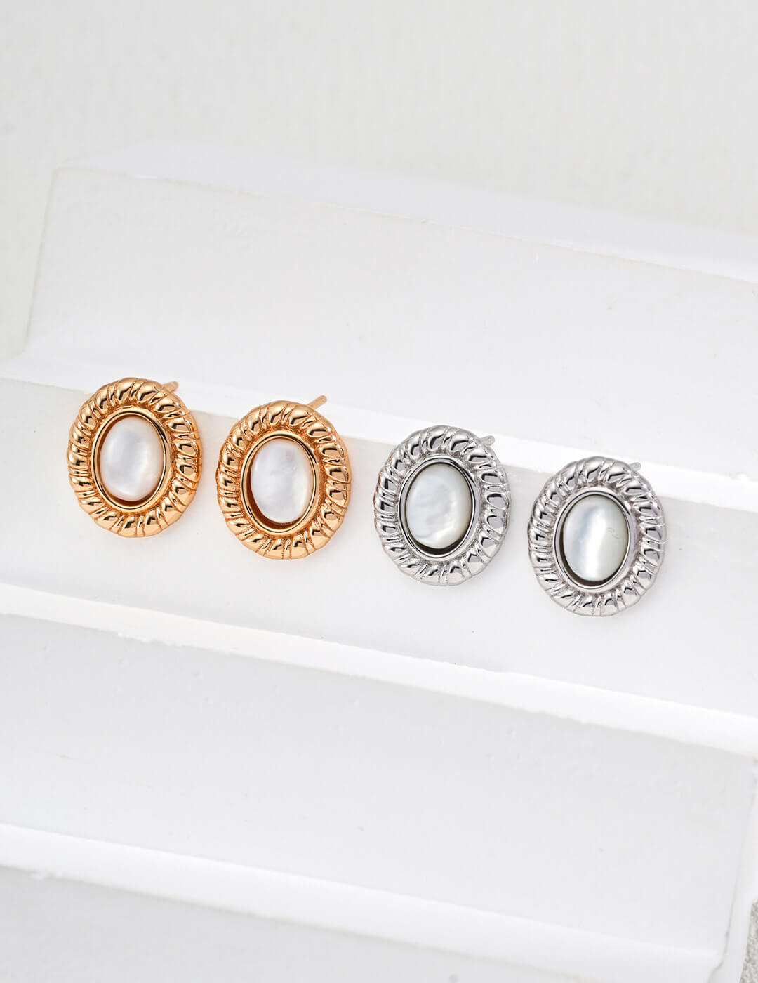 Both Vintage Gold and Silver plating options for the shell stud earrings.