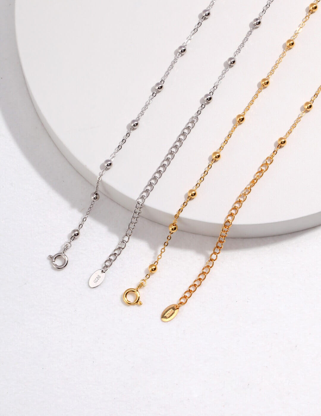 Minimalist 925 sterling silver beaded necklace front view
